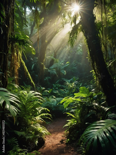 Rainforest setting with dappled sunlight illuminating lush greenery  embodying a mystical atmosphere.