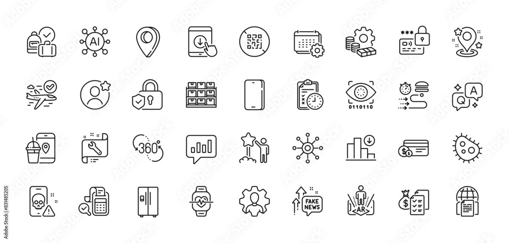Lock, Accounting wealth and Internet documents line icons pack. AI, Question and Answer, Map pin icons. Scroll down, Fake news, Cardio training web icon. Vector Lock, Accounting wealth and Internet documents line icons pack. AI, Question and Answer, Map pin icons. Scroll down, Fake news, Cardio training web icon. Vector