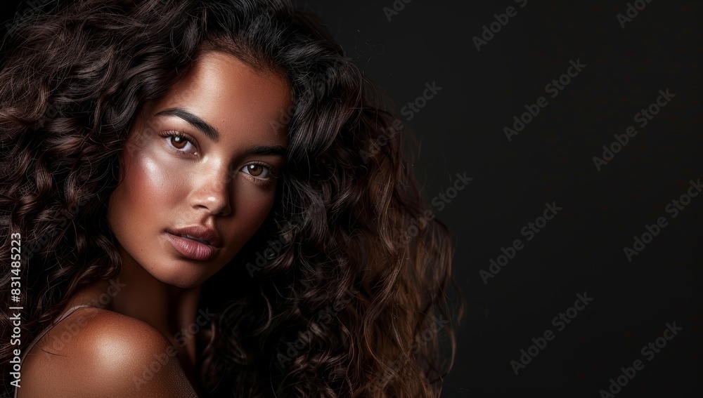 A beautiful woman with long curly hair posing for the camera, showcasing her shiny and healthy hair against a dark salon background.Beauty brunette girl with wavy black hair .