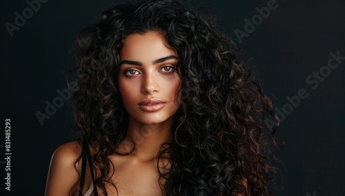 A beautiful woman with long curly hair posing for the camera, showcasing her shiny and healthy hair against a dark salon background.Beauty brunette girl with wavy black hair .