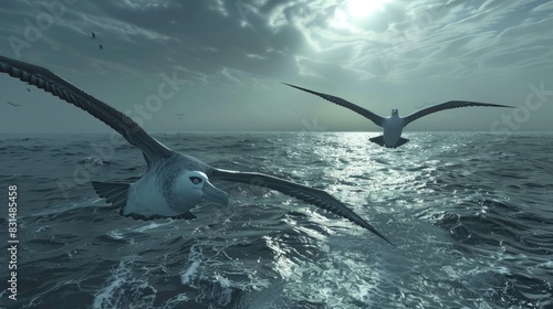 Albatrosses over ocean, long-distance flyers, wide wingspan. photo