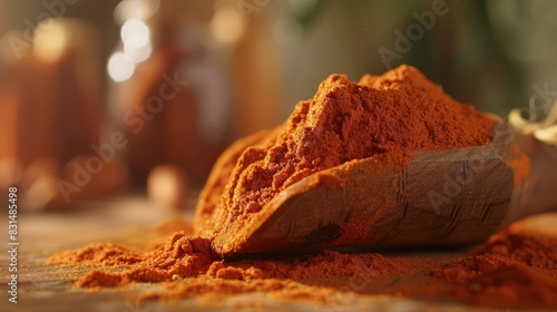 Annatto powder, orange-red and earthy, in a wooden scoop. photo