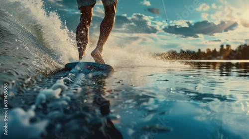 Barefoot water skiing, smooth glide, lake mirror. photo