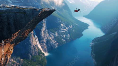 BASE jumping from Norwayâ€™s Trolltunga, dramatic cliff, thrilling leap, extreme sport. photo