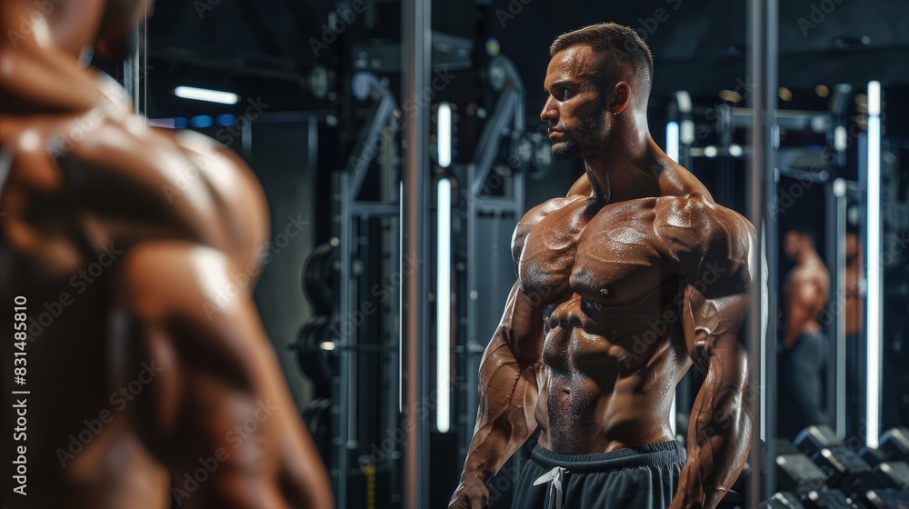 Bodybuilding trainer advising on pose, gym mirrors. Bodybuilding trainer advising on pose, gym mirrors.