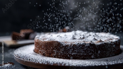 Chocolate torte, dense and fudgy, dusted with powdered sugar. photo