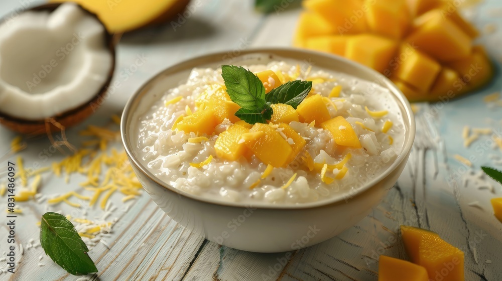 Coconut rice pudding, tropical flavors, with mango slices. Coconut rice pudding, tropical flavors, with mango slices.