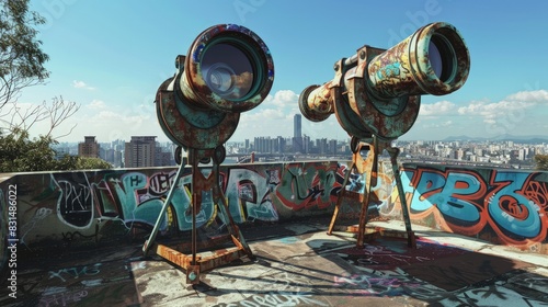 City lookout point with graffiti binoculars â€“ View in hue. photo