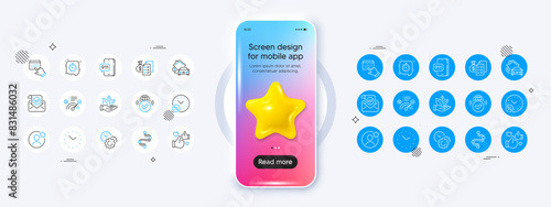 Loan percent, Timer and Home charging line icons. Phone mockup with 3d star icon. Pack of Correct answer, Time management, Time icon. Confirmed mail, Emergency call, Event click pictogram. Vector