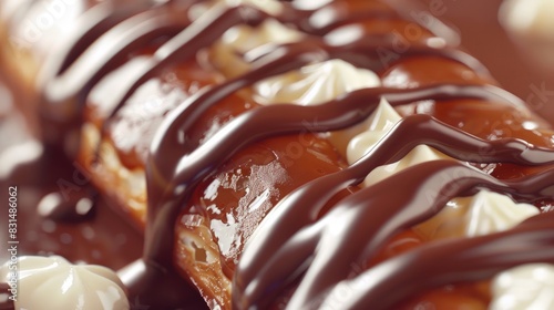 Chocolate Ã©clairs, glossy topping, cream filling visible. photo