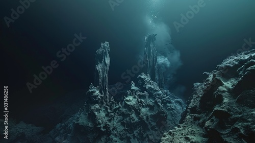 Deep-sea hydrothermal vent, unique creatures thriving in extreme conditions without sunlight. photo