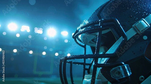 Football helmet under stadium lights, close-up, pre-game tension, focus on details . photo