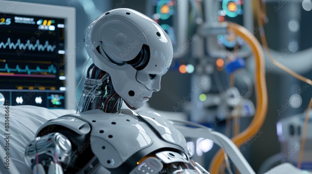 Fototapeta premium Robot monitoring patient vital signs, alert, intensive care.