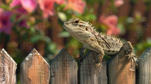 Western fence lizard on garden fence, quick, urban adapted. photo