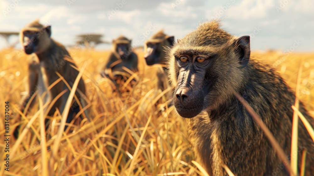 A troop of baboons foraging in the grasslands, social and mischievous. A troop of baboons foraging in the grasslands, social and mischievous.