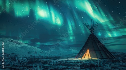 Aurora borealis over a traditional Sami tent, cultural heritage under celestial lights. photo