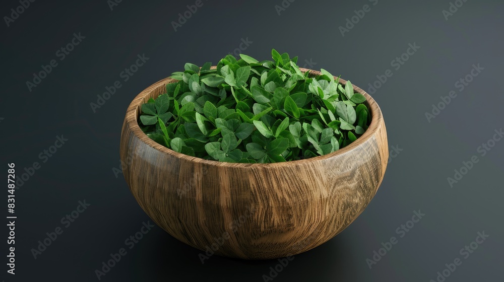 Fenugreek leaves, dried, in a small wooden bowl. Fenugreek leaves, dried, in a small wooden bowl.