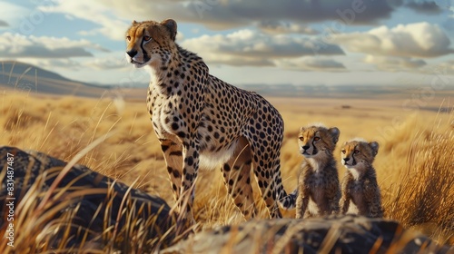 A mother cheetah teaching her cubs to hunt on a golden savannah. photo