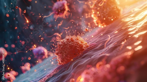 Animation showing how genetically modified cells attack cancer cells in the body. photo