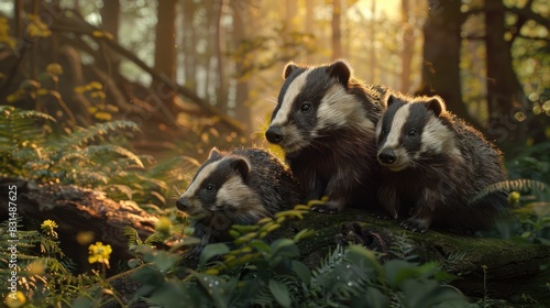 Badgers in English woodland, dusk, intimate family scene. photo