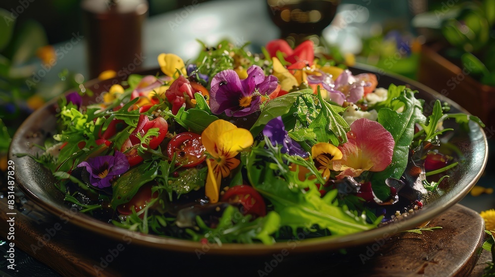 Colorful salad with mixed greens, edible flowers, and vinaigrette.
