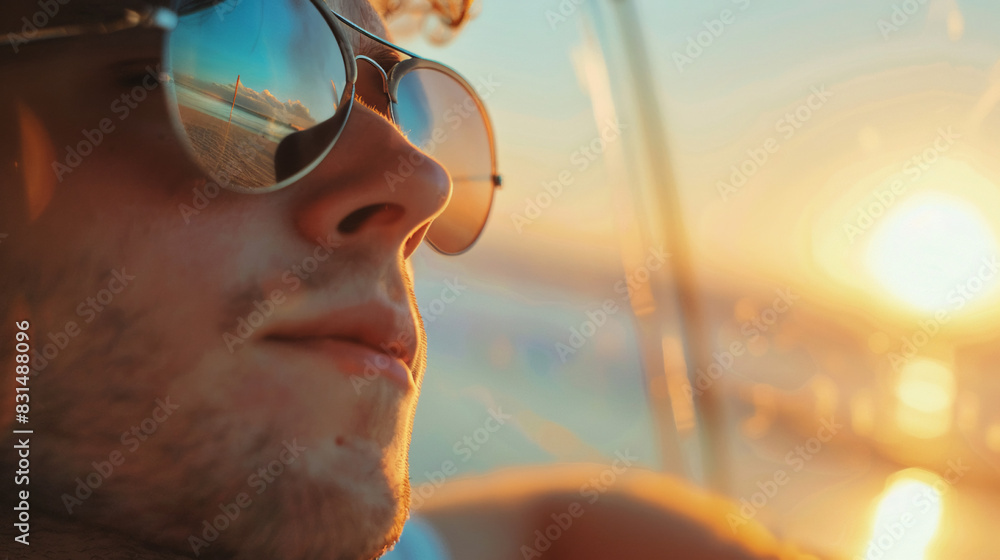 Portrait of a brutal man in sunglasses on the beach, close-up Portrait of a brutal man in sunglasses on the beach, close-up