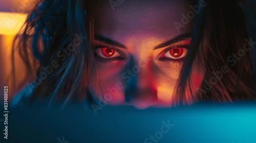 Close-up of a person's face with striking red eyes, illuminated by a mix of blue and red lighting photo