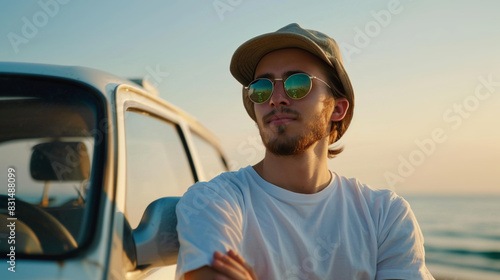 Portrait of a brutal man in sunglasses on the beach, close-up photo