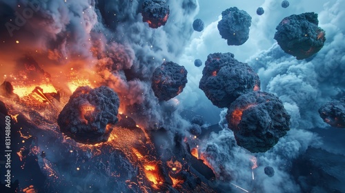 Volcanic bombs frozen in mid-air during an eruption, powerful forces captured. photo