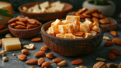 Keto snack mix, almonds, cheese cubes, satiating bites. photo