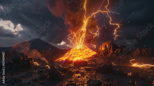 Lightning striking during a volcanic eruption, natureâ€™s forces colliding dramatically. photo