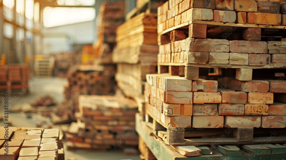 Photograph of bricks, stacked in an industrial environment. Pallets of construction bricks in the factory. Photograph of bricks, stacked in an industrial environment. Pallets of construction bricks in the factory.