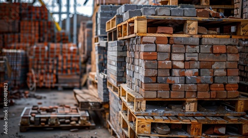 Photograph of bricks  stacked in an industrial environment. Pallets of construction bricks in the factory.