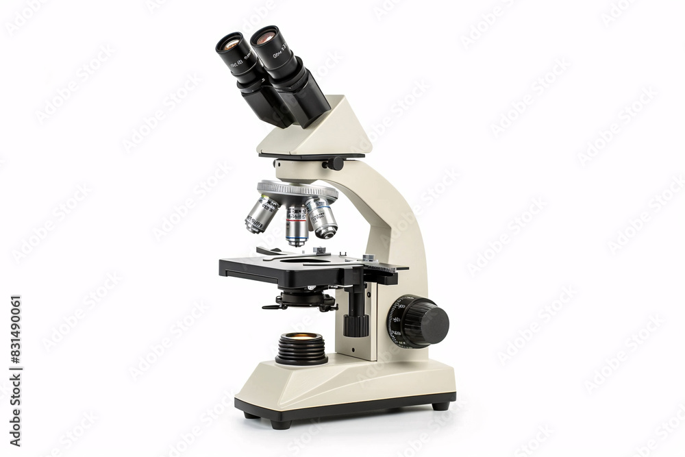 laboratory microscope set against a white background, used in scientific research and educational studies