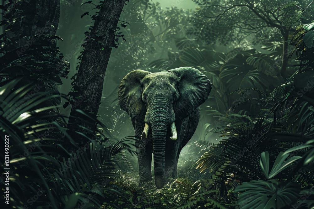 Fototapeta premium Impressive elephant stands amidst the lush foliage of a foggy tropical forest