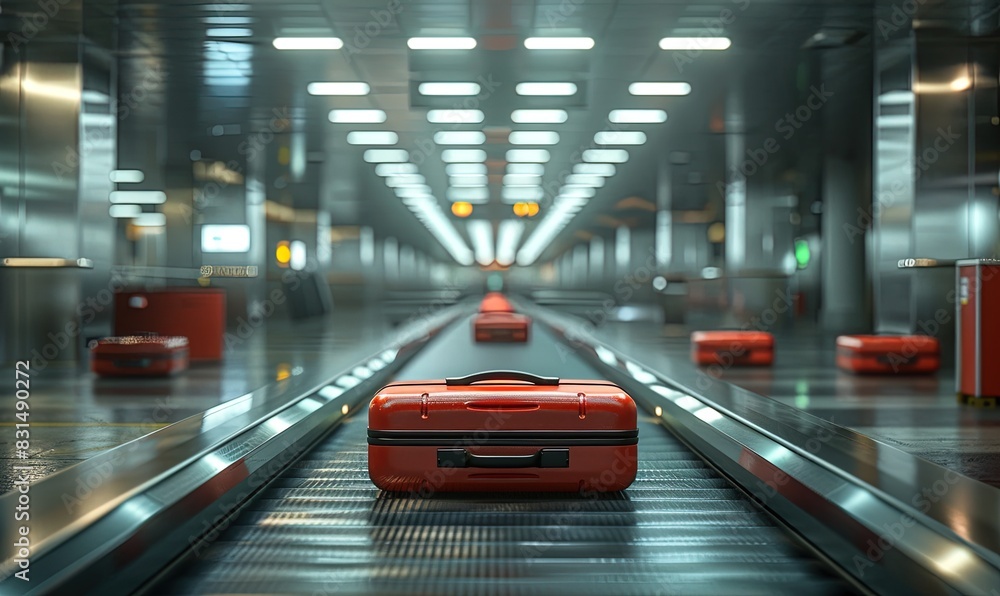 Baggage moving on an airport conveyor belt in an empty airport arrivals hall. Baggage moving on an airport conveyor belt in an empty airport arrivals hall.
