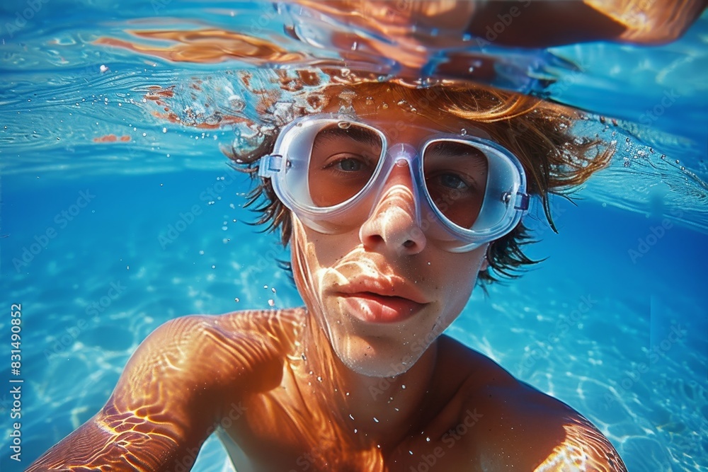 Fototapeta premium Man in swimwear and goggles leisurely enjoying a swim in the refreshing blue water