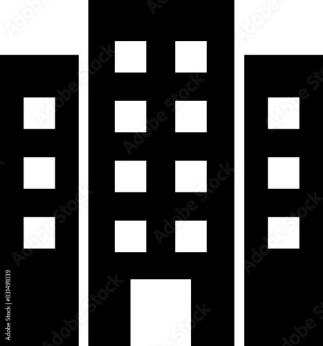 Building icon containing house, office, bank, school, hotel, shop, university, city, real estate and hospital symbol. Solid flat black vector isolated on transparent background
