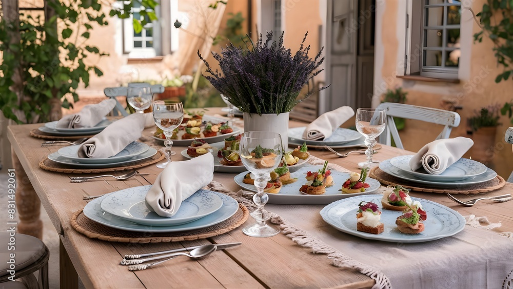 Wooden dining table in rustic style. The table is set in Provence style. Lying cotton napkins, neat and beautiful metal utensils. Wooden dining table in rustic style. The table is set in Provence style. Lying cotton napkins, neat and beautiful metal utensils.