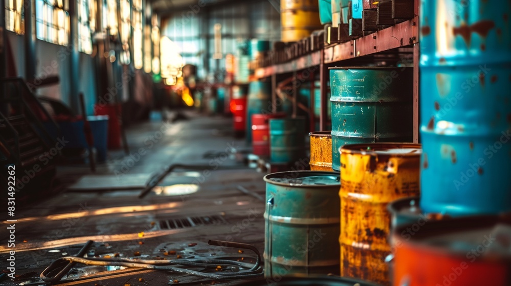 Photograph of chemical barrels, arranged in an industrial environment. Drums of industrial chemicals in the factory. Photograph of chemical barrels, arranged in an industrial environment. Drums of industrial chemicals in the factory.