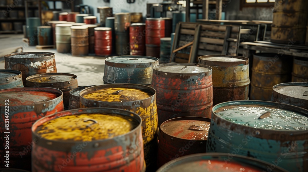 Photograph of chemical barrels, arranged in an industrial environment. Drums of industrial chemicals in the factory. Photograph of chemical barrels, arranged in an industrial environment. Drums of industrial chemicals in the factory.