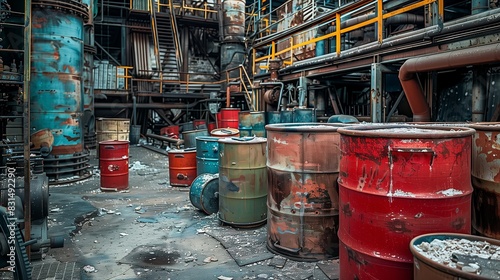 Photograph of chemical barrels, arranged in an industrial environment. Drums of industrial chemicals in the factory. © GMeta