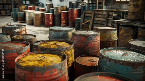 Photograph of chemical barrels, arranged in an industrial environment. Drums of industrial chemicals in the factory. © GMeta