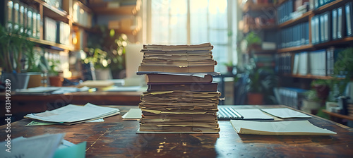Closeup of office environment with a soft focus showing desks papers and office supplies slightly blurred using Macro Photography and Dual ISO to highlight the soft textures and muted tones photo