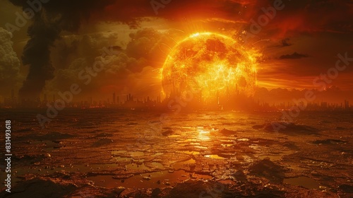 The sun mercilessly burns all the remnants of the atmosphere  mercilessly heating up the cracked earth s crust. I can t breathe. World warming concept  climate change.