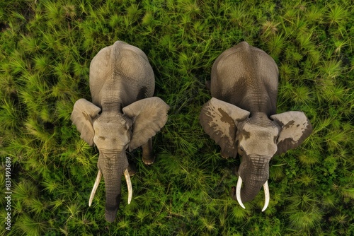 Topdown shot of a pair of elephants amidst vibrant green foliage, showcasing their natural habitat photo