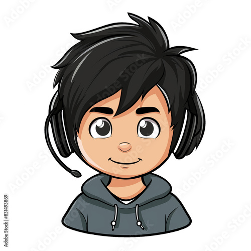 young man with black hair wearing headphones . png . clip art . vector cartoon art style . remove background 