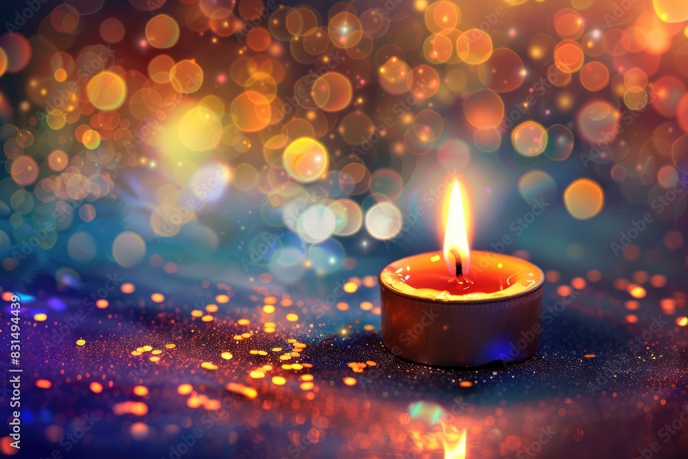 Burning candle with festive bokeh on brown background with sparkles and copy space. Holiday concept Burning candle with festive bokeh on brown background with sparkles and copy space. Holiday concept