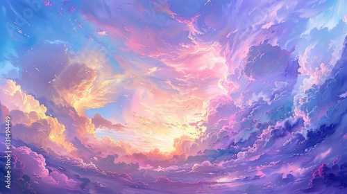 Enchanting Oil Painting of a Breathtaking Sky Clouds and Sunset Mesmerizing Wallpaper with Light Colors Purple Shades Anime Influence and Colorful Accents photo
