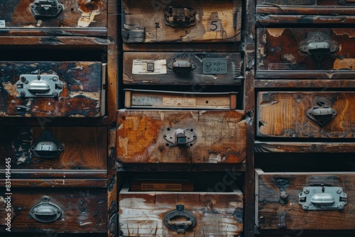 Closeup of an aged wooden apothecary cabinet with multiple drawers and metal labels